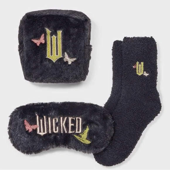 Women's Wicked Embroidered Cozy Gift Set Pouch, Cozy Socks(4-10)& Eye Mask NIB - Picture 2 of 5